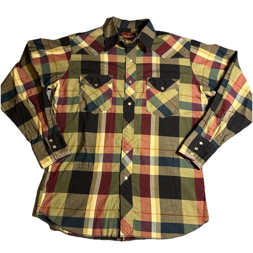 Wrangler Western Shirt Men's Multi Plaid Snap Front Long Sleeve Excellent M 15.5
